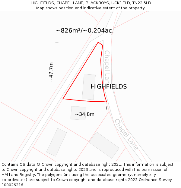 HIGHFIELDS, CHAPEL LANE, BLACKBOYS, UCKFIELD, TN22 5LB: Plot and title map