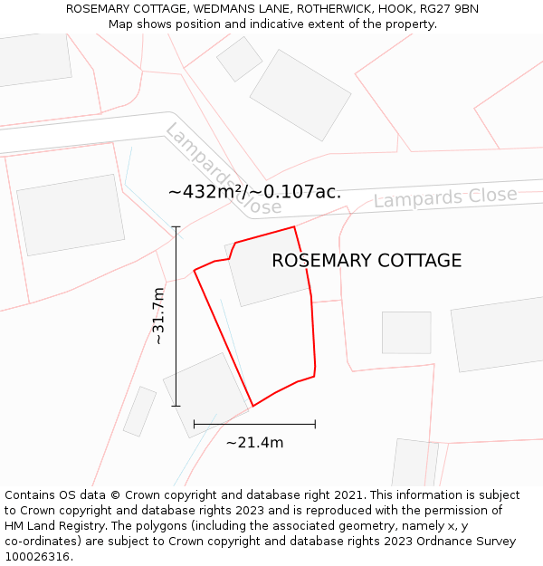 ROSEMARY COTTAGE, WEDMANS LANE, ROTHERWICK, HOOK, RG27 9BN: Plot and title map