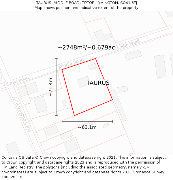 TAURUS, MIDDLE ROAD, TIPTOE, LYMINGTON, SO41 6EJ: Plot and title map