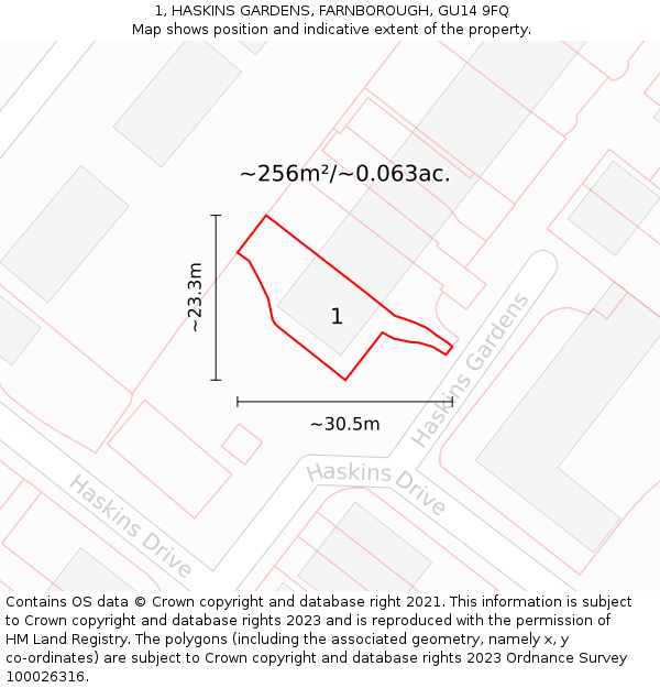 1, HASKINS GARDENS, FARNBOROUGH, GU14 9FQ: Plot and title map
