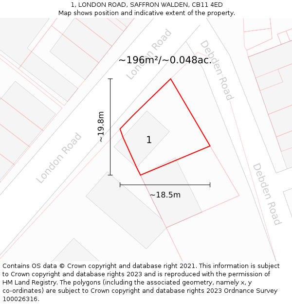 1, LONDON ROAD, SAFFRON WALDEN, CB11 4ED: Plot and title map