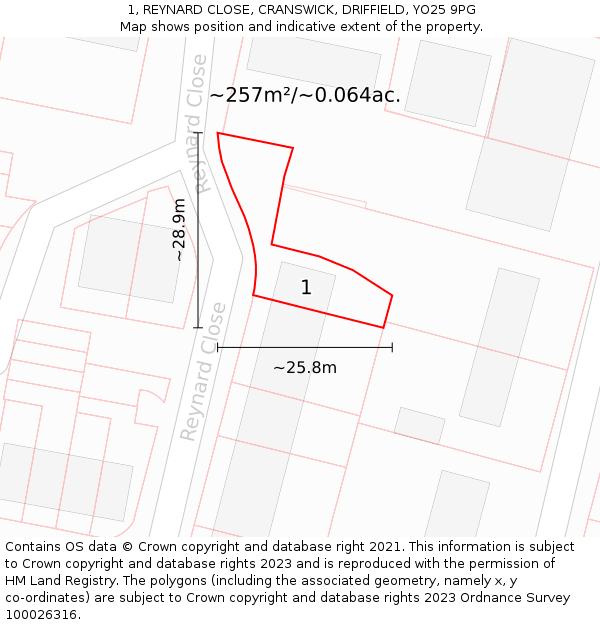 1, REYNARD CLOSE, CRANSWICK, DRIFFIELD, YO25 9PG: Plot and title map