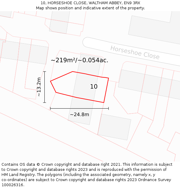 10, HORSESHOE CLOSE, WALTHAM ABBEY, EN9 3RX: Plot and title map