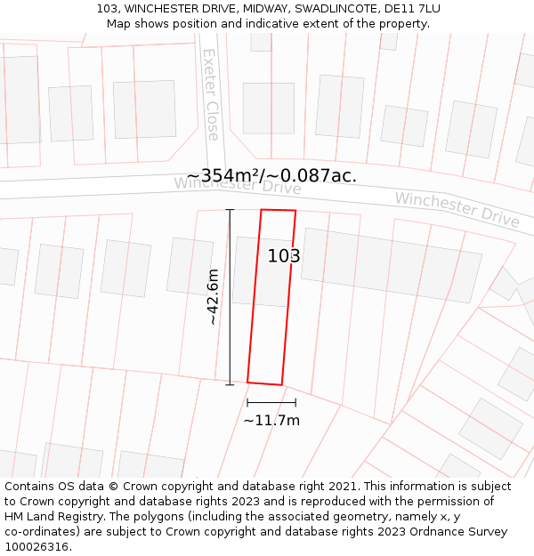 103, WINCHESTER DRIVE, MIDWAY, SWADLINCOTE, DE11 7LU: Plot and title map