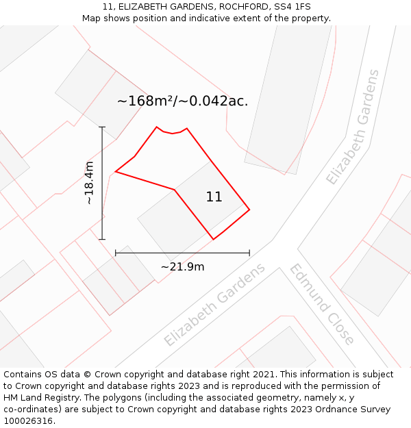 11, ELIZABETH GARDENS, ROCHFORD, SS4 1FS: Plot and title map
