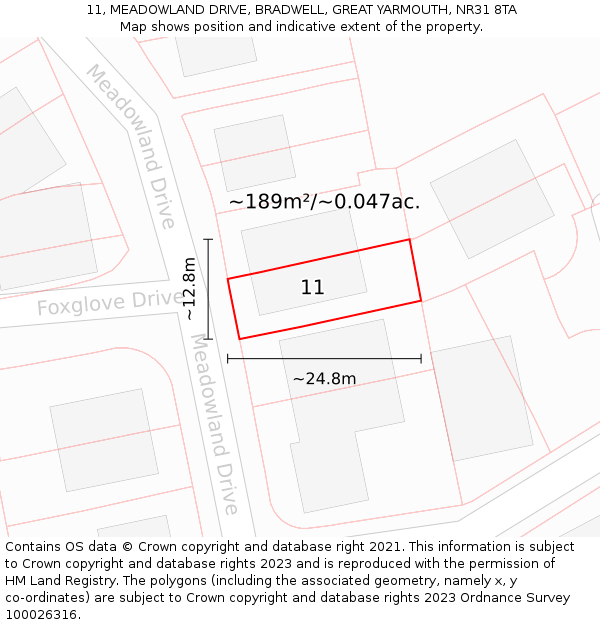 11, MEADOWLAND DRIVE, BRADWELL, GREAT YARMOUTH, NR31 8TA: Plot and title map