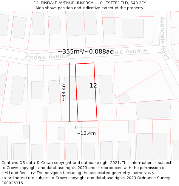 12, PINDALE AVENUE, INKERSALL, CHESTERFIELD, S43 3EY: Plot and title map