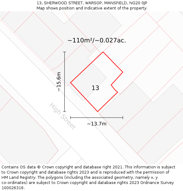 13, SHERWOOD STREET, WARSOP, MANSFIELD, NG20 0JP: Plot and title map