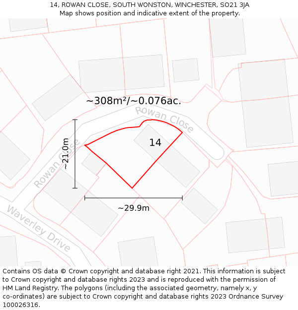 14, ROWAN CLOSE, SOUTH WONSTON, WINCHESTER, SO21 3JA: Plot and title map