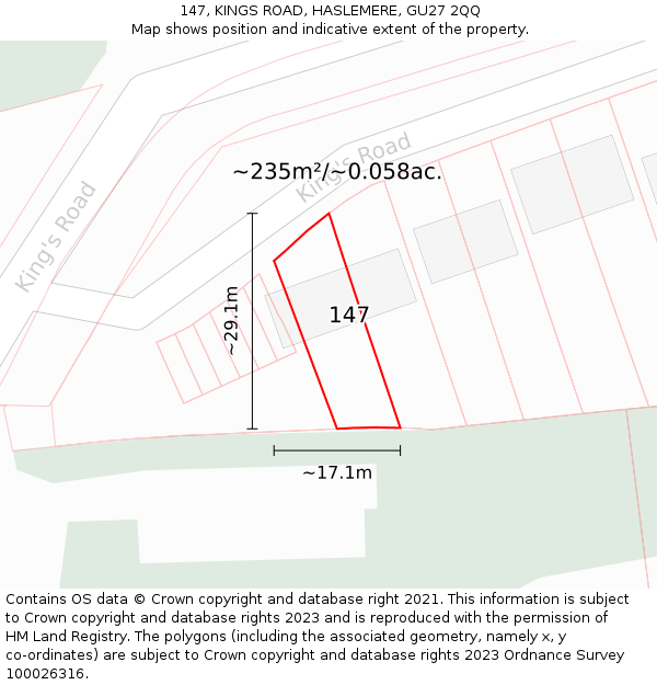 147, KINGS ROAD, HASLEMERE, GU27 2QQ: Plot and title map