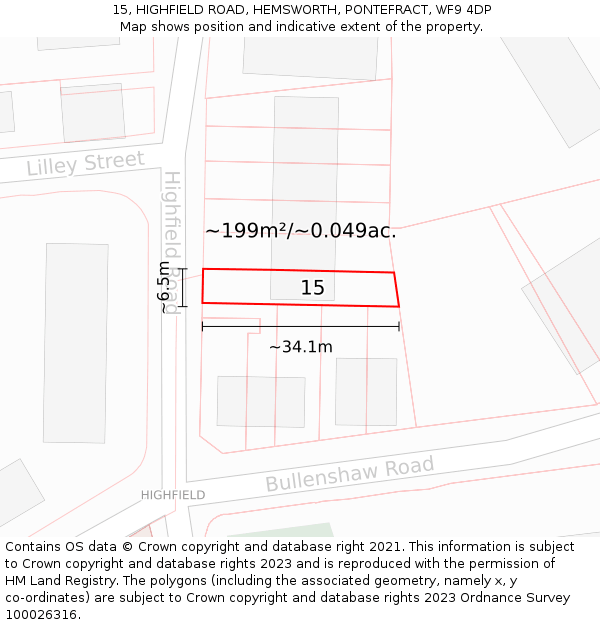 15, HIGHFIELD ROAD, HEMSWORTH, PONTEFRACT, WF9 4DP: Plot and title map
