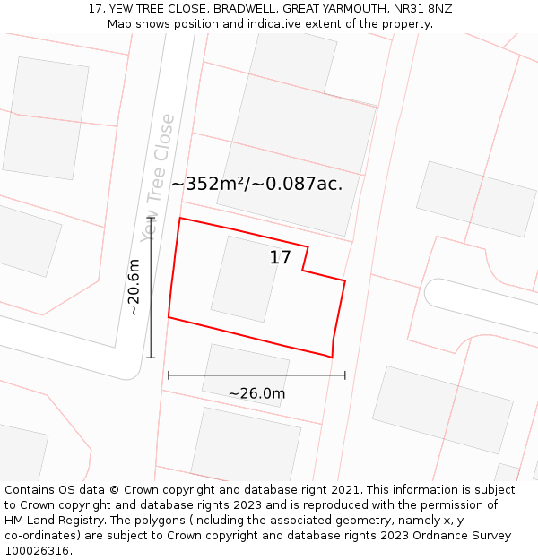 17, YEW TREE CLOSE, BRADWELL, GREAT YARMOUTH, NR31 8NZ: Plot and title map