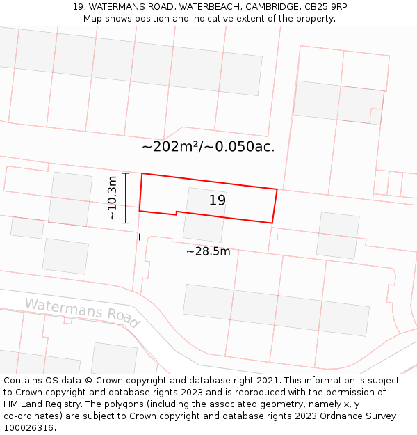 19, WATERMANS ROAD, WATERBEACH, CAMBRIDGE, CB25 9RP: Plot and title map