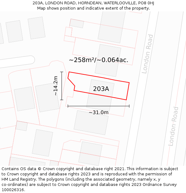 203A, LONDON ROAD, HORNDEAN, WATERLOOVILLE, PO8 0HJ: Plot and title map
