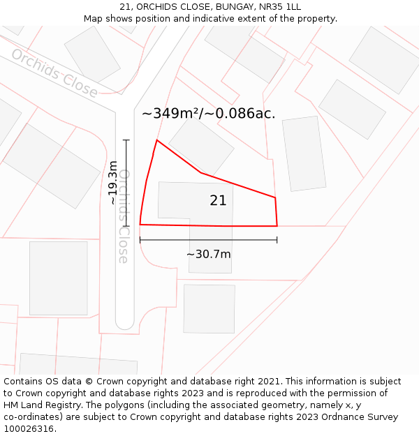 21, ORCHIDS CLOSE, BUNGAY, NR35 1LL: Plot and title map