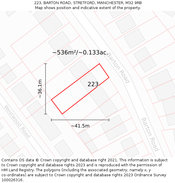 223, BARTON ROAD, STRETFORD, MANCHESTER, M32 9RB: Plot and title map