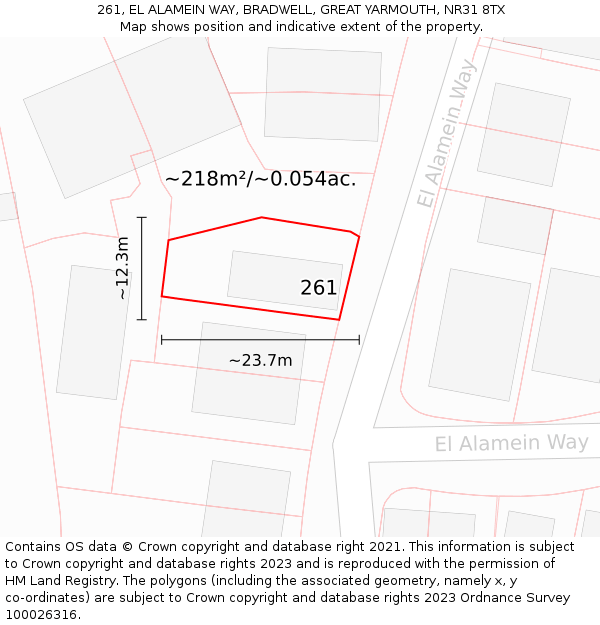 261, EL ALAMEIN WAY, BRADWELL, GREAT YARMOUTH, NR31 8TX: Plot and title map