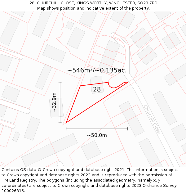 28, CHURCHILL CLOSE, KINGS WORTHY, WINCHESTER, SO23 7PD: Plot and title map