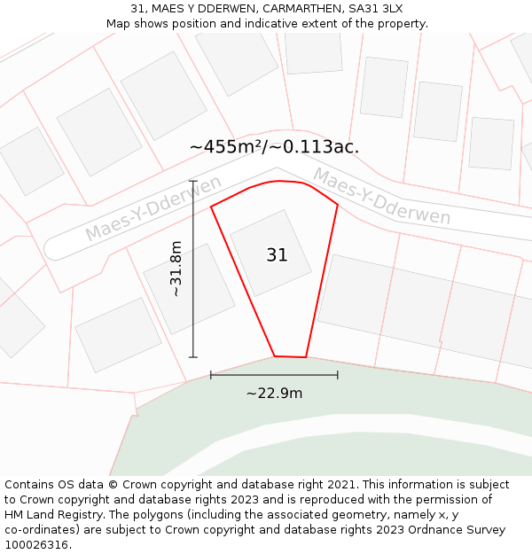 31, MAES Y DDERWEN, CARMARTHEN, SA31 3LX: Plot and title map
