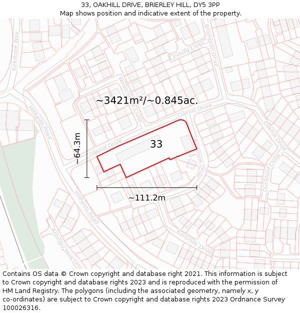 33, OAKHILL DRIVE, BRIERLEY HILL, DY5 3PP: Plot and title map