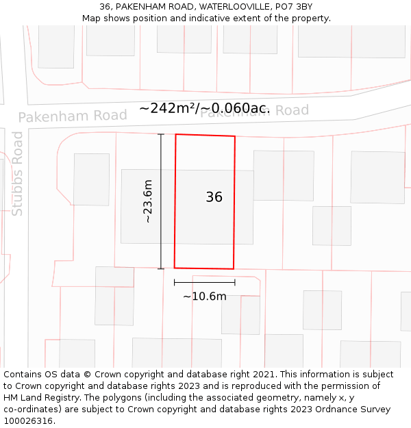 36, PAKENHAM ROAD, WATERLOOVILLE, PO7 3BY: Plot and title map