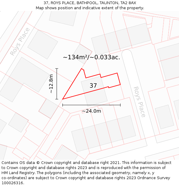 37, ROYS PLACE, BATHPOOL, TAUNTON, TA2 8AX: Plot and title map
