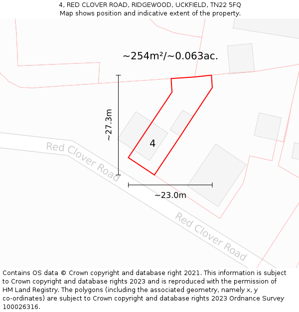 4, RED CLOVER ROAD, RIDGEWOOD, UCKFIELD, TN22 5FQ: Plot and title map