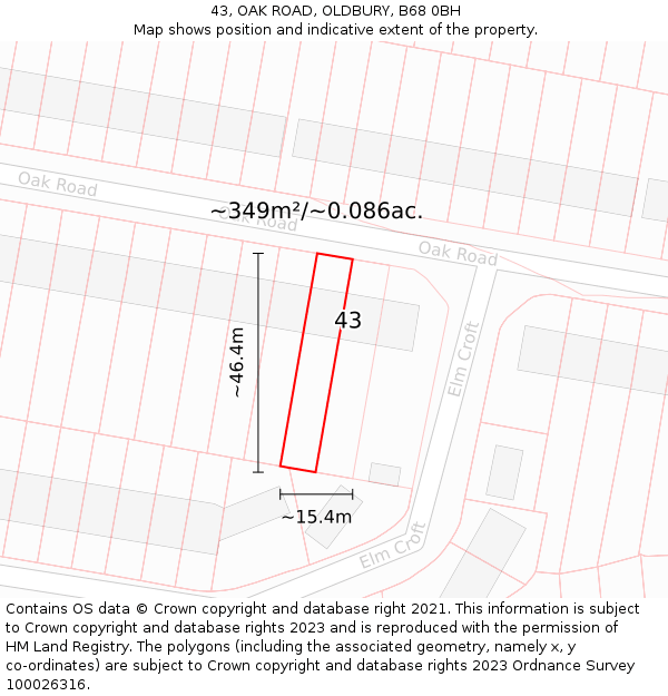 43, OAK ROAD, OLDBURY, B68 0BH: Plot and title map
