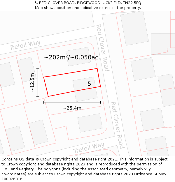 5, RED CLOVER ROAD, RIDGEWOOD, UCKFIELD, TN22 5FQ: Plot and title map