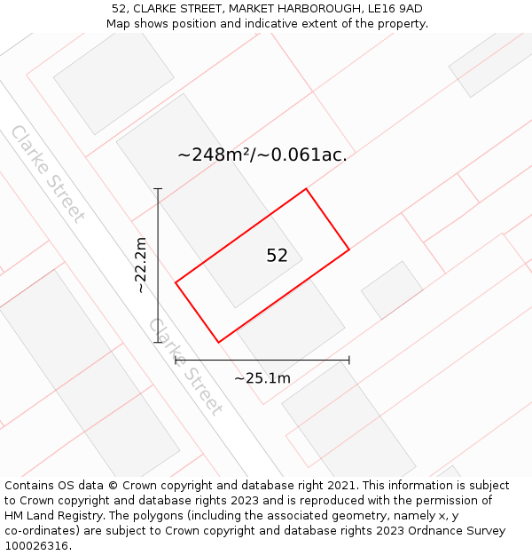 52, CLARKE STREET, MARKET HARBOROUGH, LE16 9AD: Plot and title map
