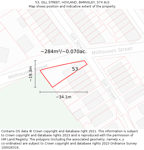 53, GILL STREET, HOYLAND, BARNSLEY, S74 9LS: Plot and title map