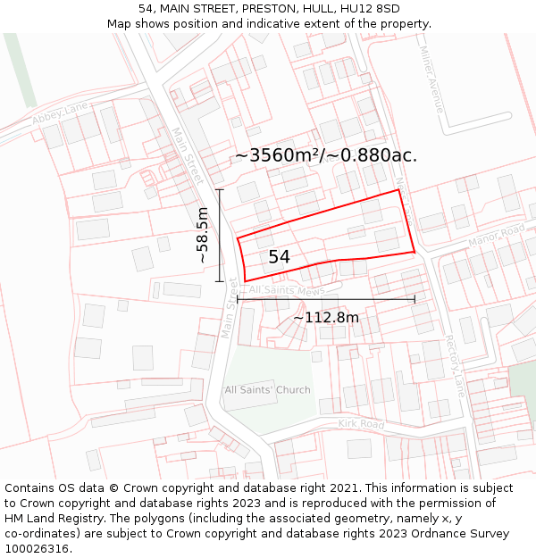 54, MAIN STREET, PRESTON, HULL, HU12 8SD: Plot and title map
