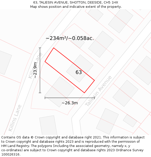 63, TALIESIN AVENUE, SHOTTON, DEESIDE, CH5 1HX: Plot and title map
