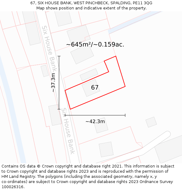 67, SIX HOUSE BANK, WEST PINCHBECK, SPALDING, PE11 3QG: Plot and title map