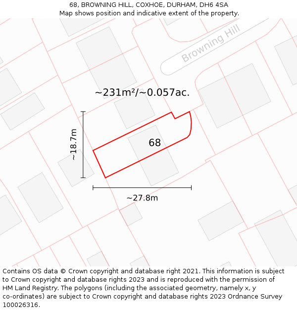 68, BROWNING HILL, COXHOE, DURHAM, DH6 4SA: Plot and title map