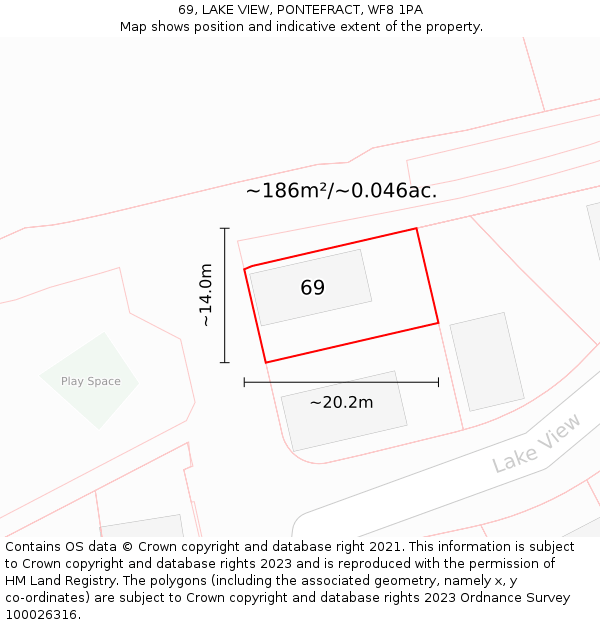 69, LAKE VIEW, PONTEFRACT, WF8 1PA: Plot and title map