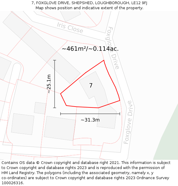 7, FOXGLOVE DRIVE, SHEPSHED, LOUGHBOROUGH, LE12 9FJ: Plot and title map