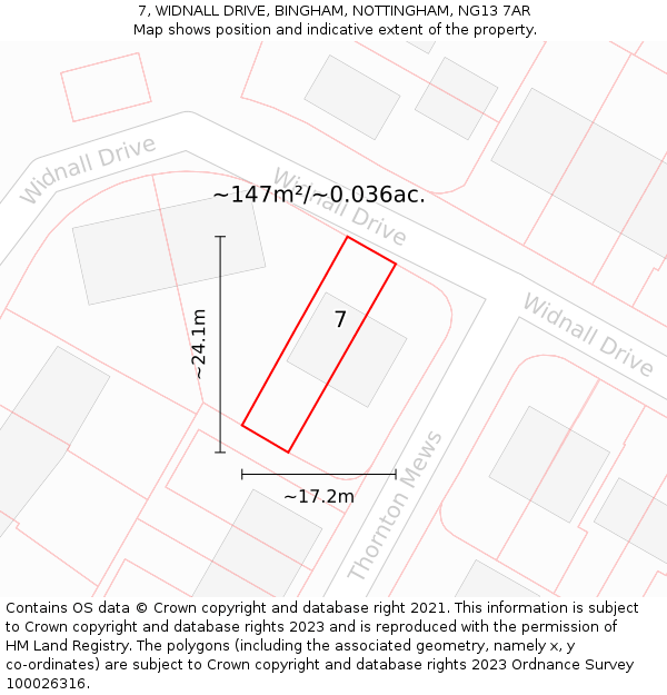 7, WIDNALL DRIVE, BINGHAM, NOTTINGHAM, NG13 7AR: Plot and title map