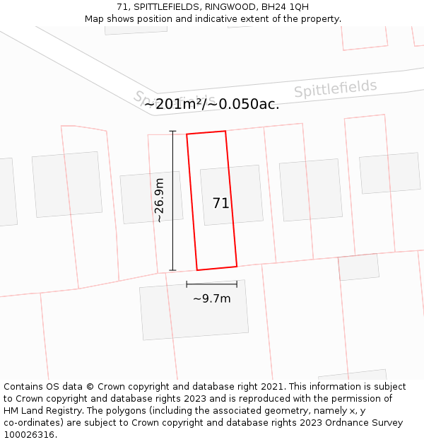 71, SPITTLEFIELDS, RINGWOOD, BH24 1QH: Plot and title map