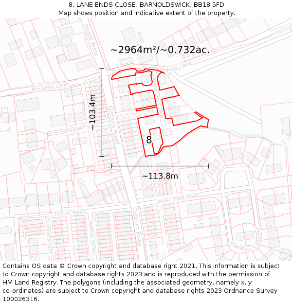 8, LANE ENDS CLOSE, BARNOLDSWICK, BB18 5FD: Plot and title map
