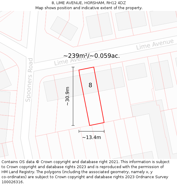 8, LIME AVENUE, HORSHAM, RH12 4DZ: Plot and title map