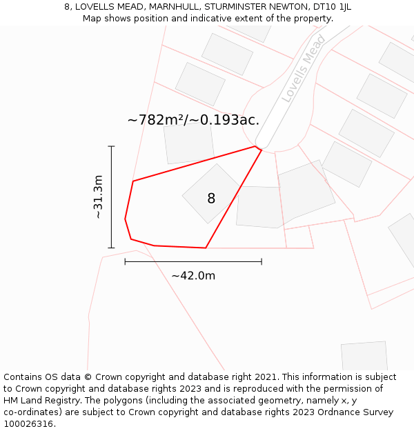 8, LOVELLS MEAD, MARNHULL, STURMINSTER NEWTON, DT10 1JL: Plot and title map