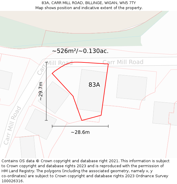 83A, CARR MILL ROAD, BILLINGE, WIGAN, WN5 7TY: Plot and title map
