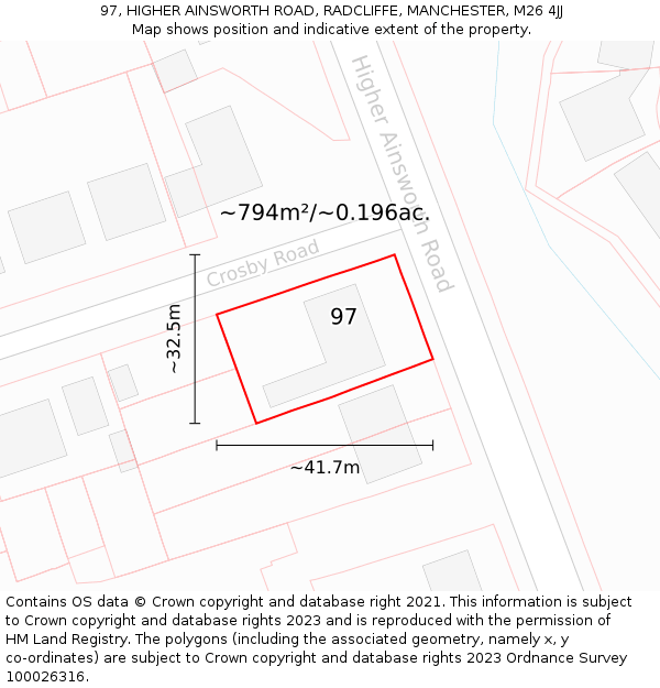 97, HIGHER AINSWORTH ROAD, RADCLIFFE, MANCHESTER, M26 4JJ: Plot and title map