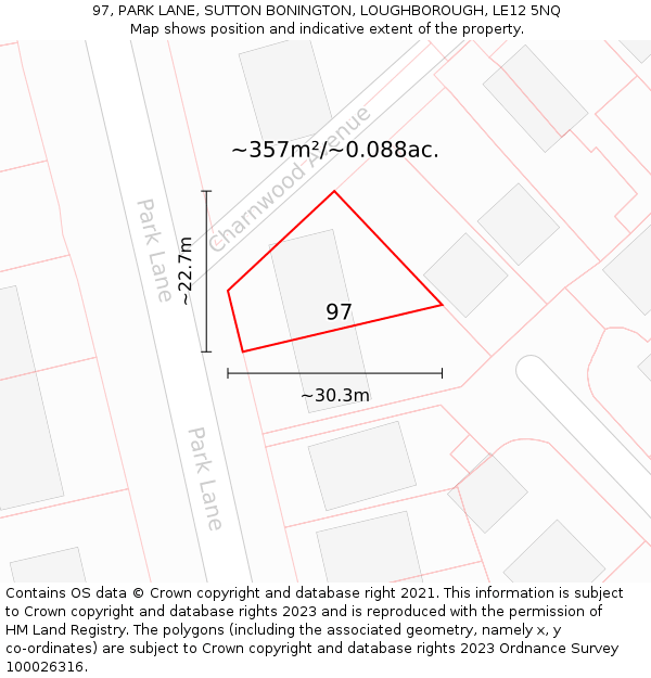 97, PARK LANE, SUTTON BONINGTON, LOUGHBOROUGH, LE12 5NQ: Plot and title map