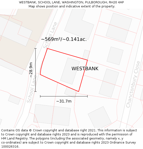 WESTBANK, SCHOOL LANE, WASHINGTON, PULBOROUGH, RH20 4AP: Plot and title map