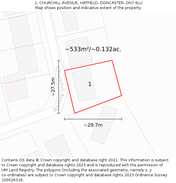 1, CHURCHILL AVENUE, HATFIELD, DONCASTER, DN7 6LU: Plot and title map