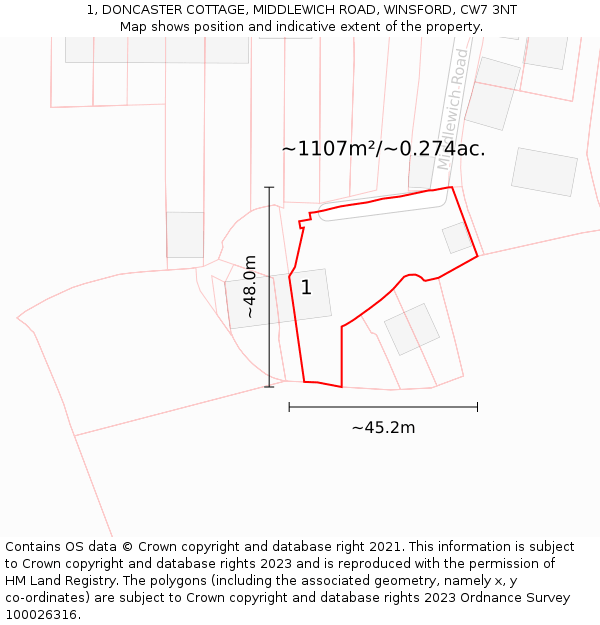 1, DONCASTER COTTAGE, MIDDLEWICH ROAD, WINSFORD, CW7 3NT: Plot and title map