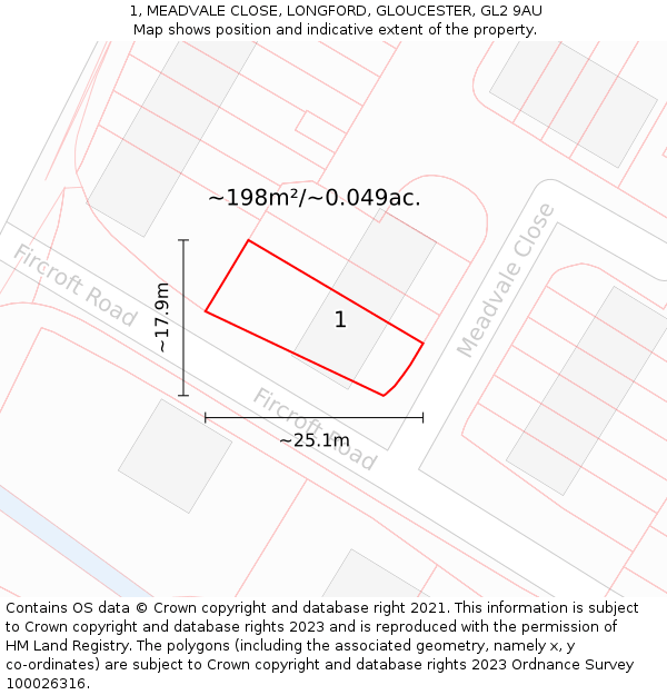 1, MEADVALE CLOSE, LONGFORD, GLOUCESTER, GL2 9AU: Plot and title map