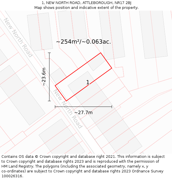 1, NEW NORTH ROAD, ATTLEBOROUGH, NR17 2BJ: Plot and title map